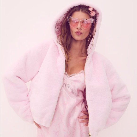 LoveShackFancy Jackets & Blazers - Pink x LoveShackFancy Faux-Fur Crop Bomber Jacket